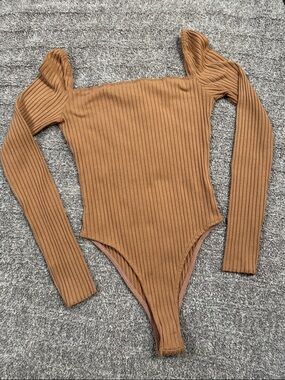 Forever 21 Ribbed Long-Sleeve One-Piece in Camel Brown